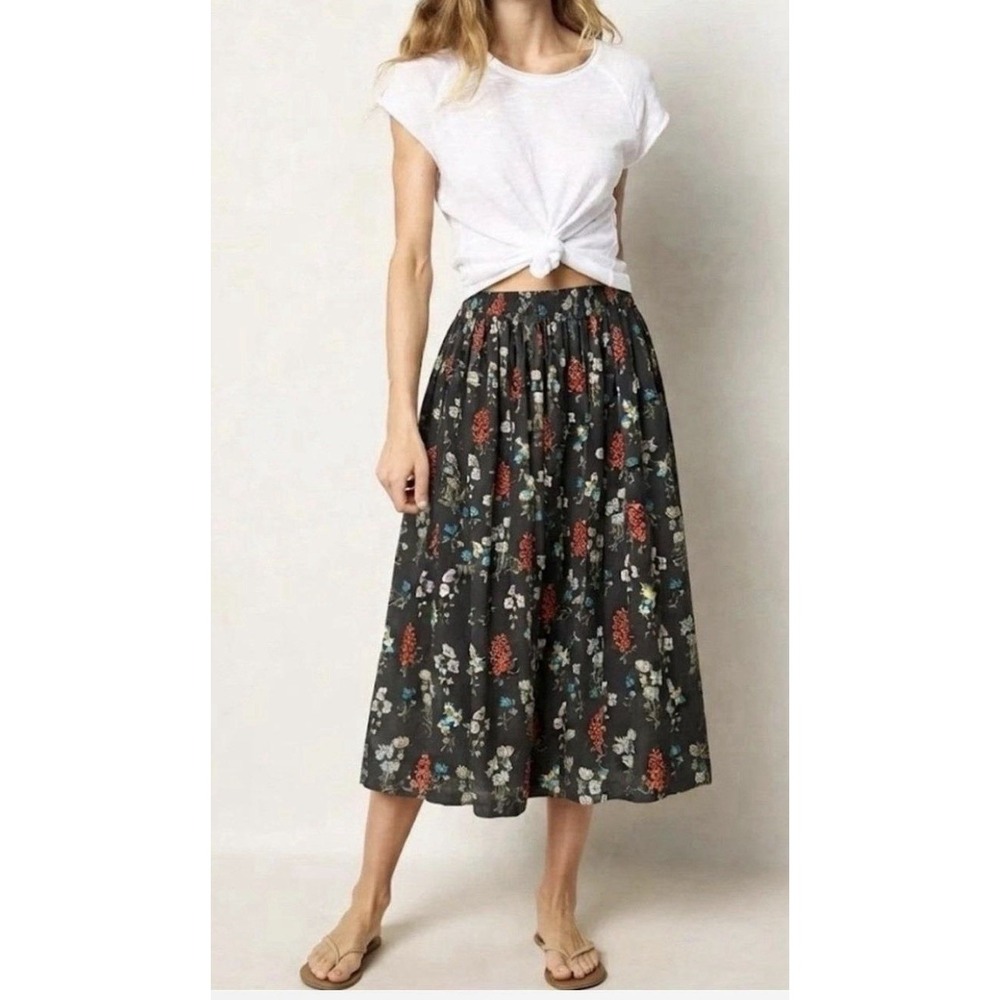 Natural Life Boho Skirt Floral Gray Side Slit Elastic Ruched Waist Women's XS